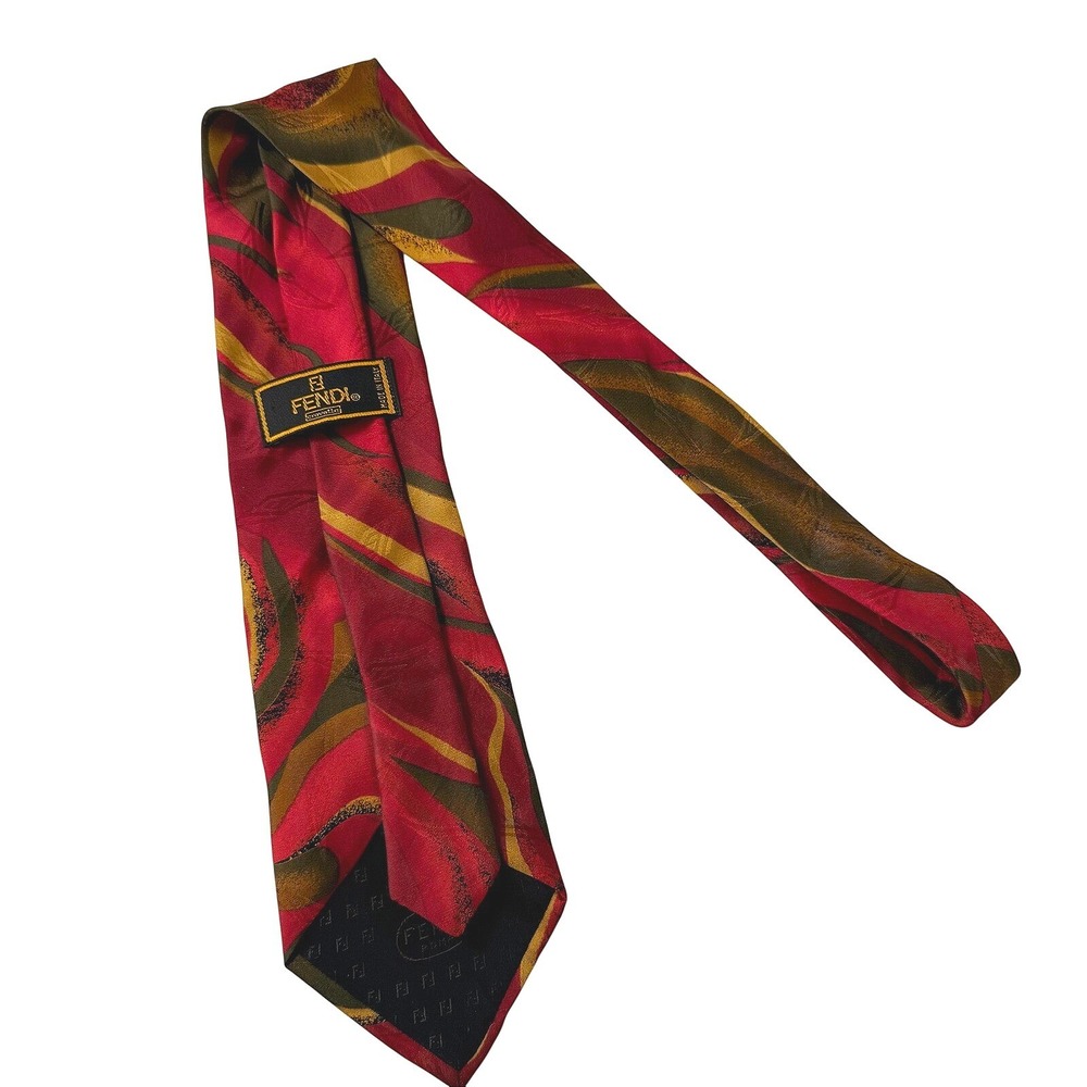 Fendi Silk Tie Red Gold Green‎ Abstract Swirl Pattern Mens Luxury
